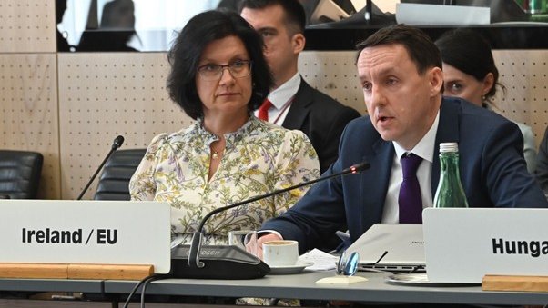 Man and woman sitting at a conference table with microphones