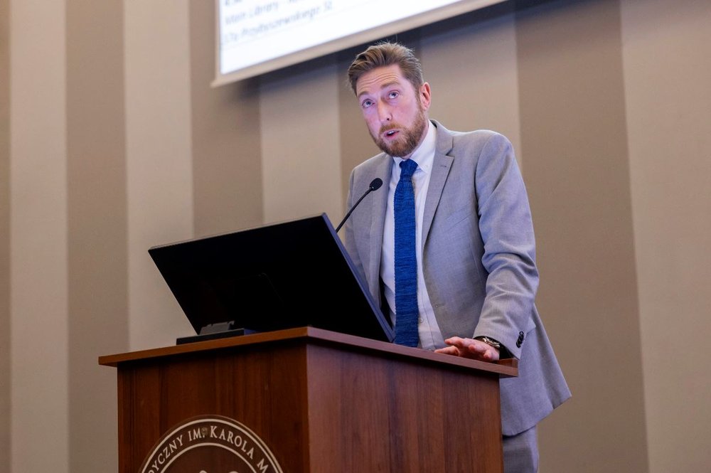 Dermot Fiztpatrick, Head of Political Affairs, speaks at the Poznan University of Medical Sciences
