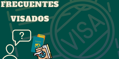 Graphic showing silhouette of a person with a question mark thought bubble, passports and visas. Text reads: preguntas frecuentes, visados.