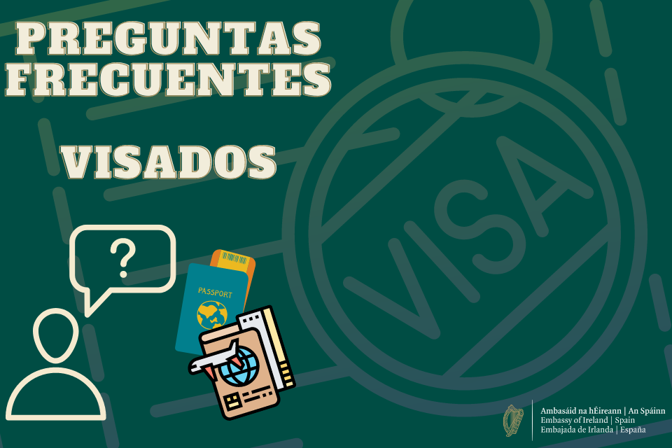 Graphic showing silhouette of a person with a question mark thought bubble, passports and visas. Text reads: preguntas frecuentes, visados.