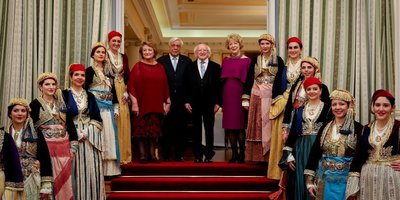 President Michael D.Higgins and President Prokopios Pavlopoulos standing at the top of a staircase