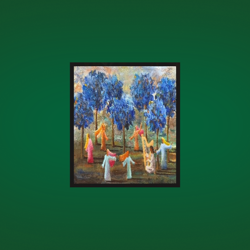 Expressive artwork of a man and woman in a classic chariot in front of a row of historic ram statues
