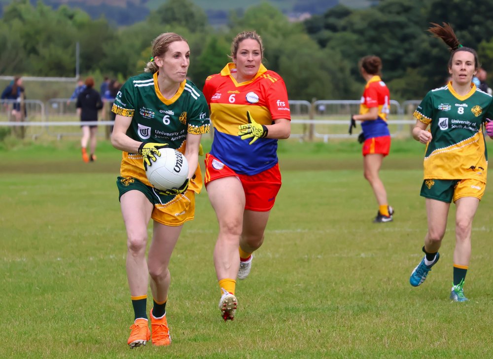 Rebecca Higgins of the indigenous Australasia women_s football team playing against Iberia at the 2023 GAA World Games in Derry