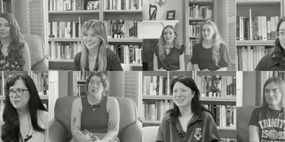 A collage of photos of Texas university students studying Irish literature