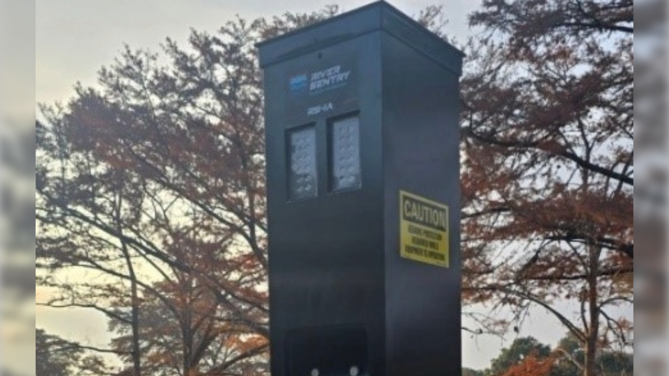 A river sentry (flood warning mechanism) machine, by a river in Texas