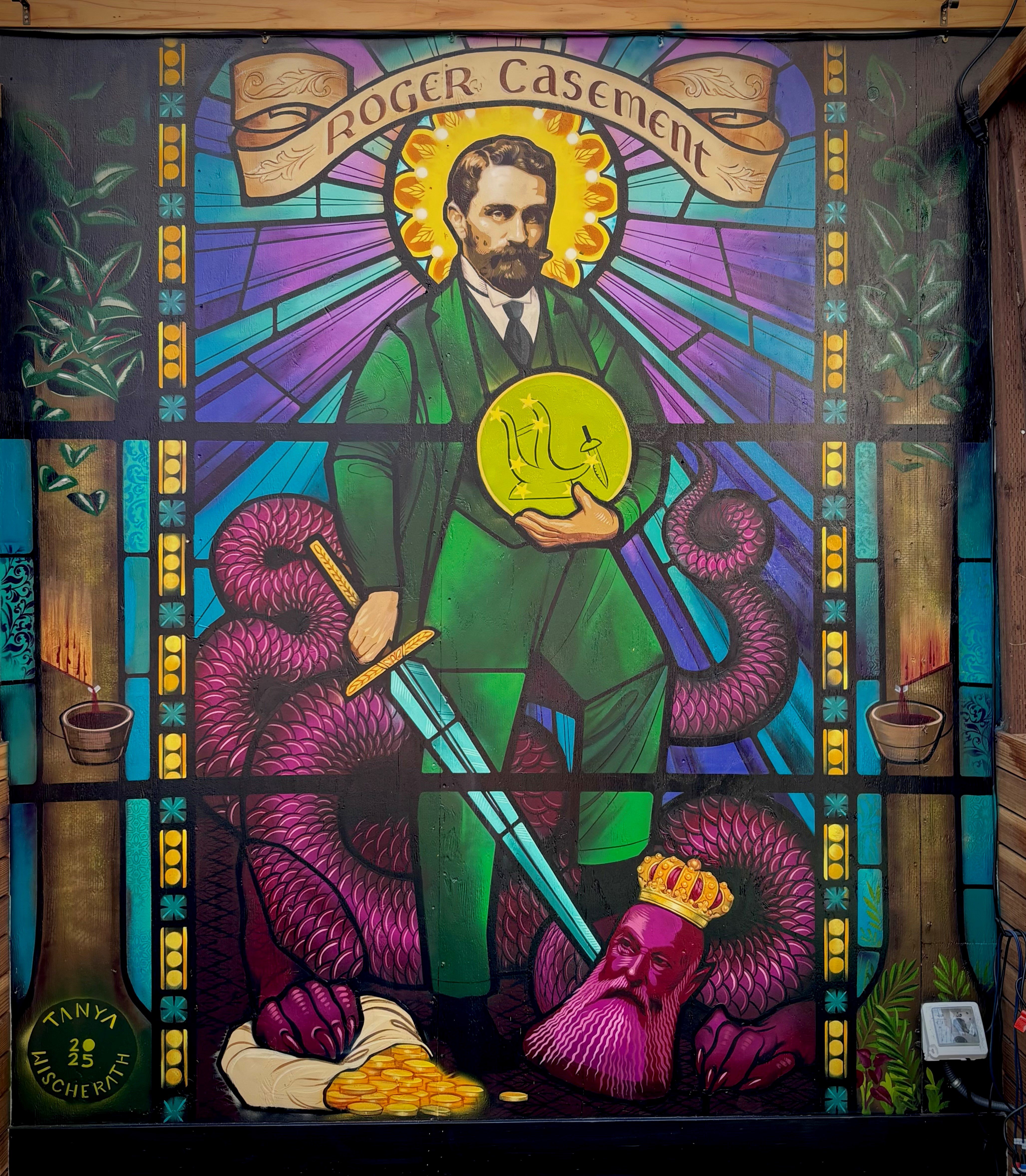 Stained glass effect mural of Roger Casement