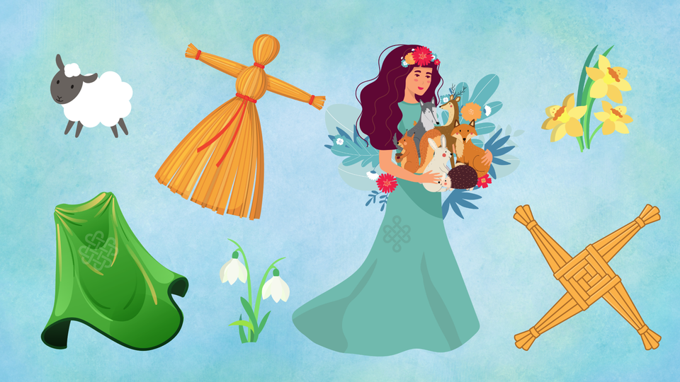 Symbols of St. Brigid including a cross, Brídeog, flowers and her cloak