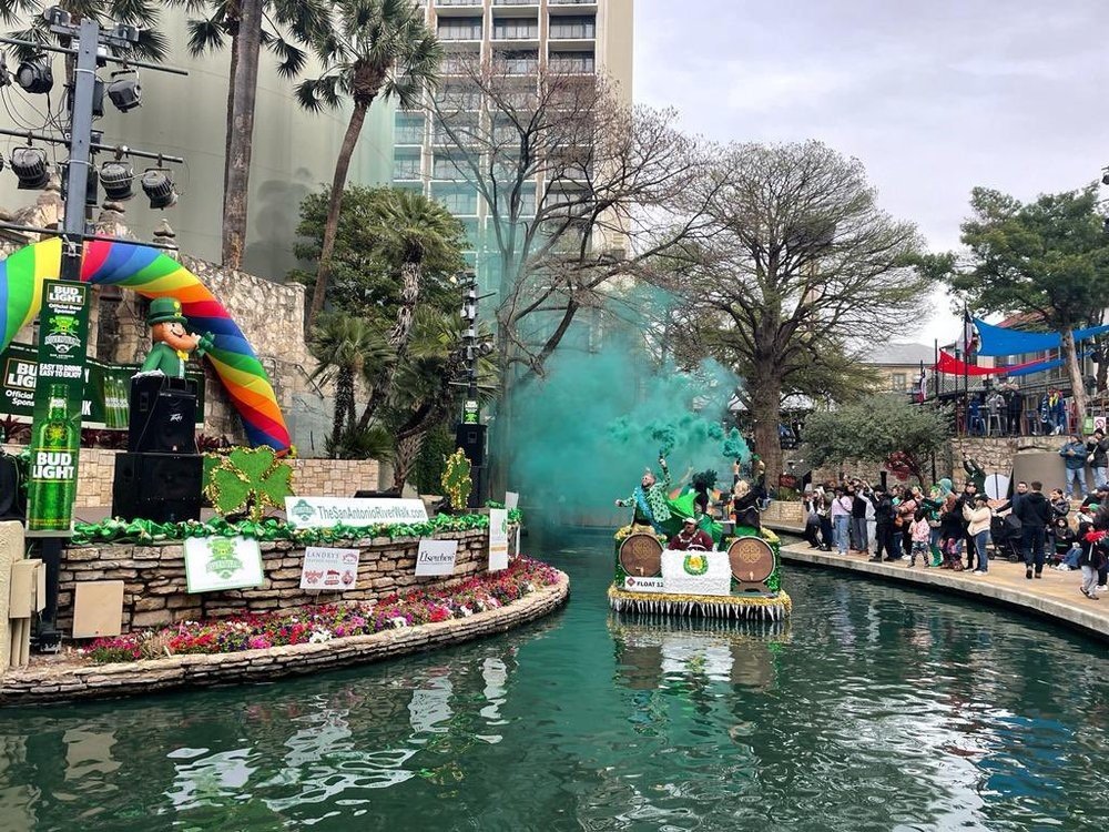 an image of the St Patricks day river parade in San Antonio Texas
