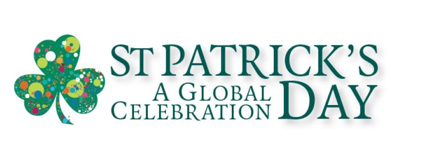 Graphic with a green shamrock and text which reads St Patrick's Day, a global celebration