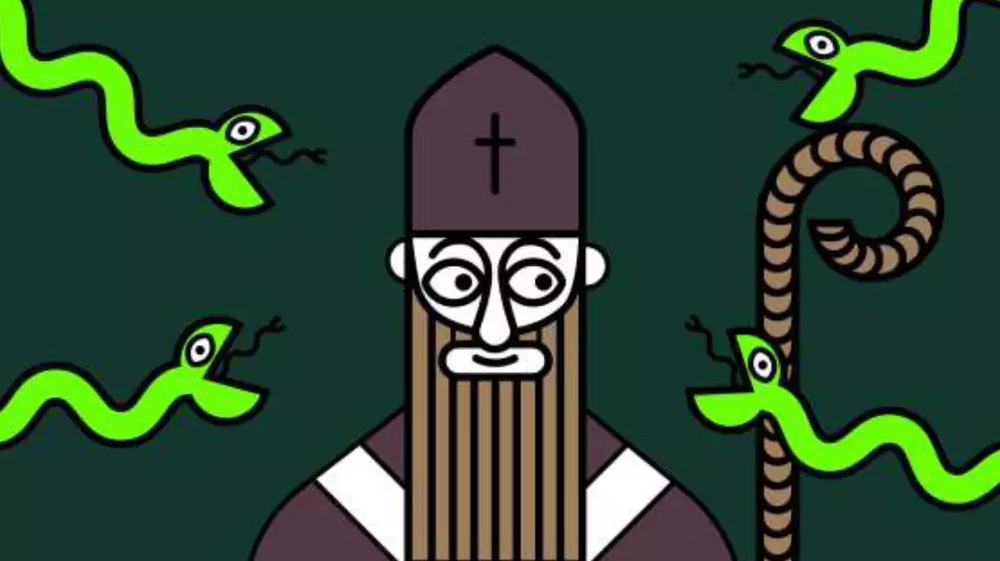 Image shows Saint Patrick surrounded by four snakes