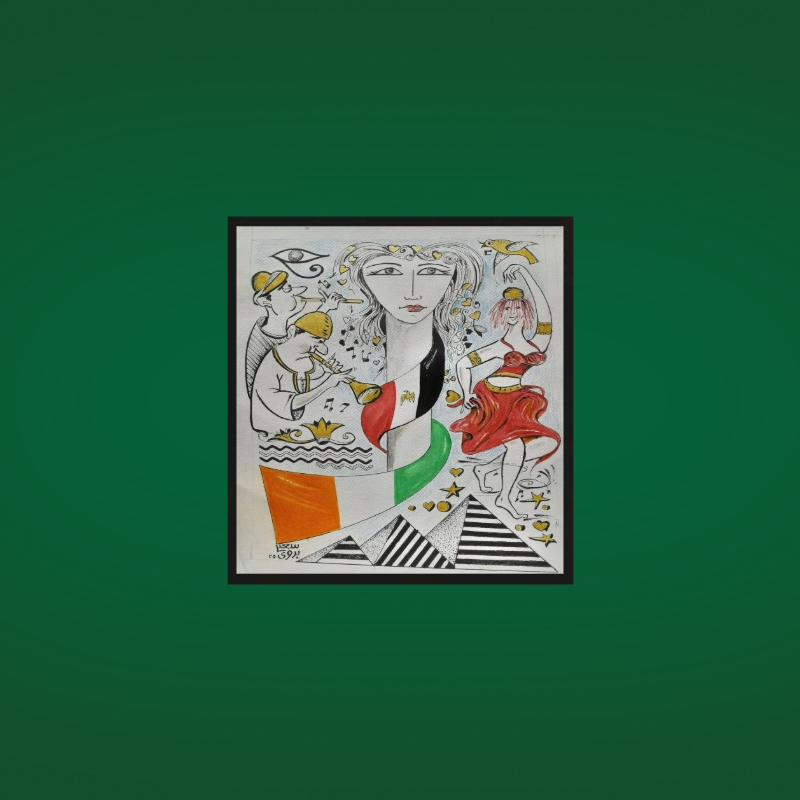 Expressive artwork depicting Irish and Egyptian flags circling around important and fateful issues, musicians in front of the pyramids, motifs specific to ancient Egypt, a bird and the Nile River