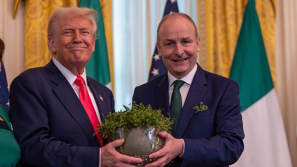 Taoiseach Micheál Martin presenting a bowl of shamrock to President Donald Trump