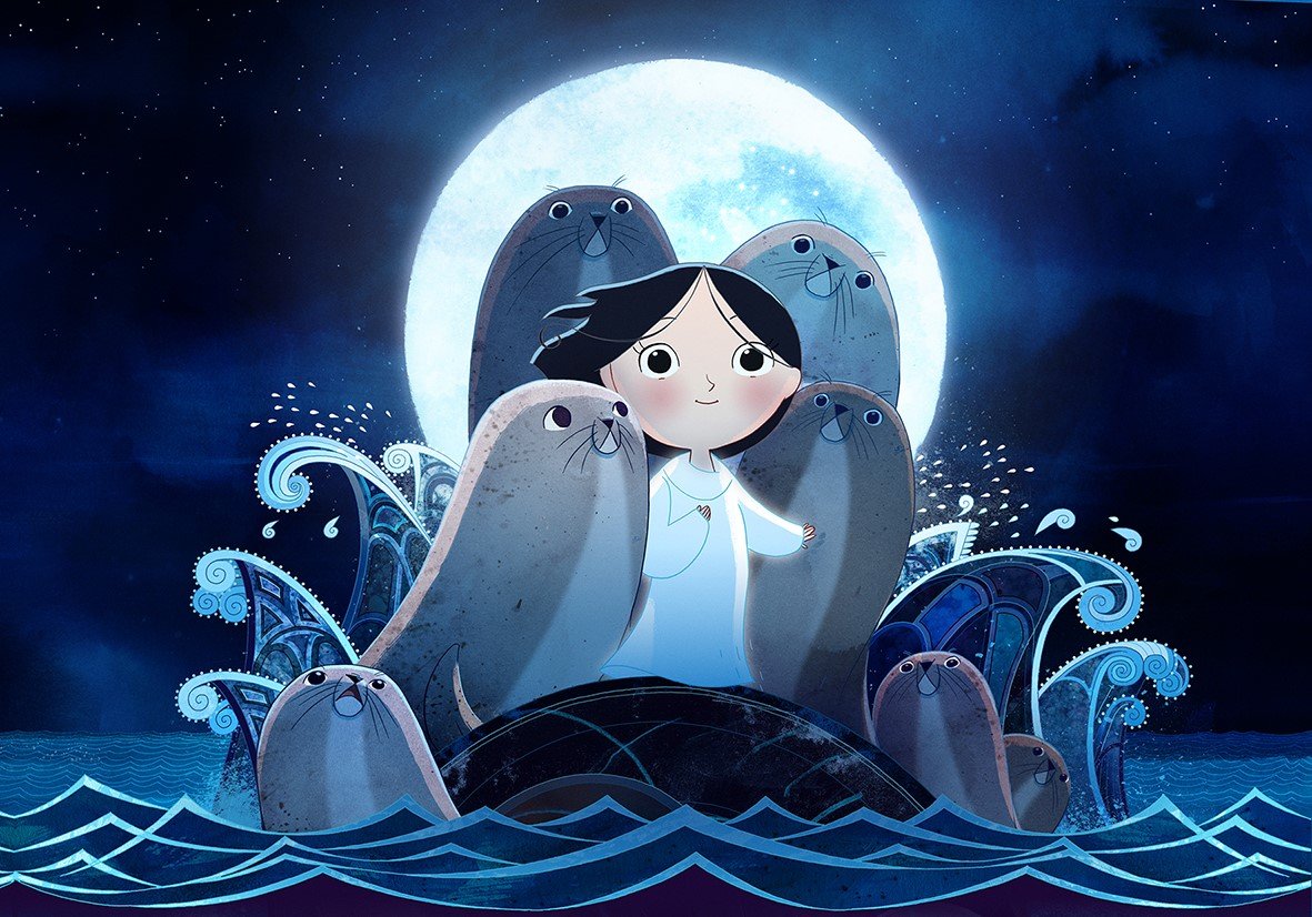 animation of girl and seal and waves