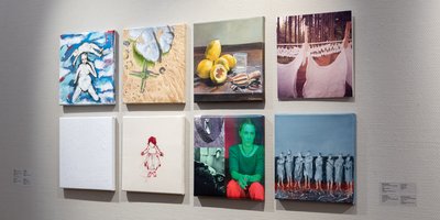 Bloodroot - eight artworks on canvas displayed on a white wall