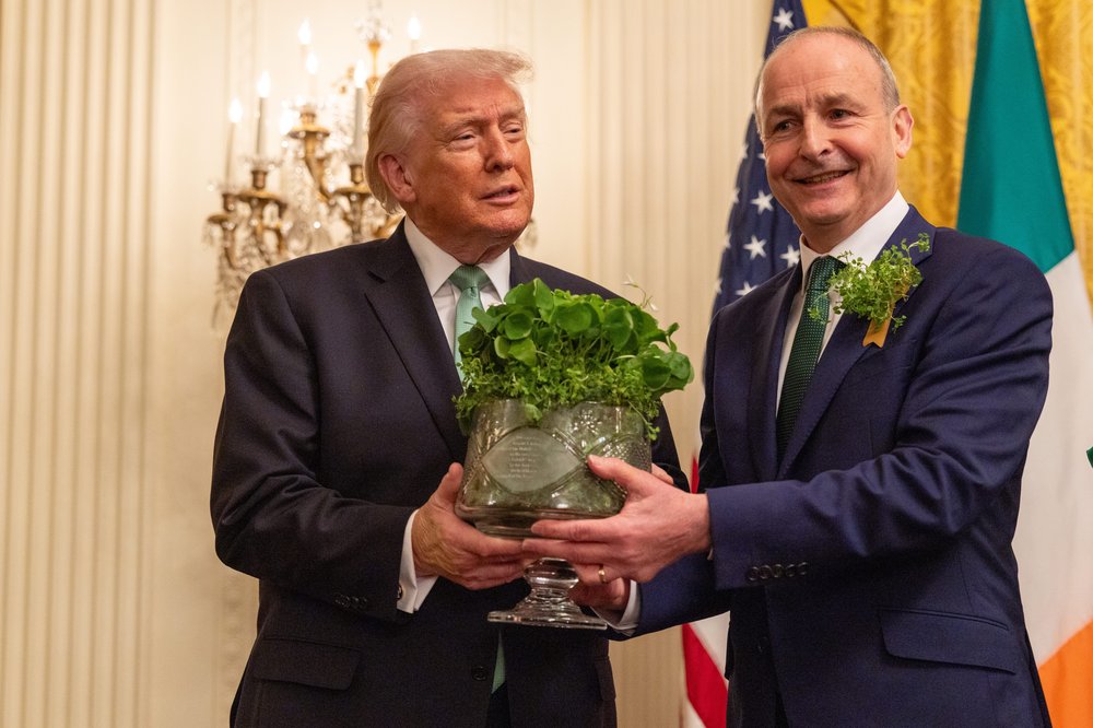 Taoiseach Micheál Martin presents crystal bowl of shamrock to President Donald Trump.