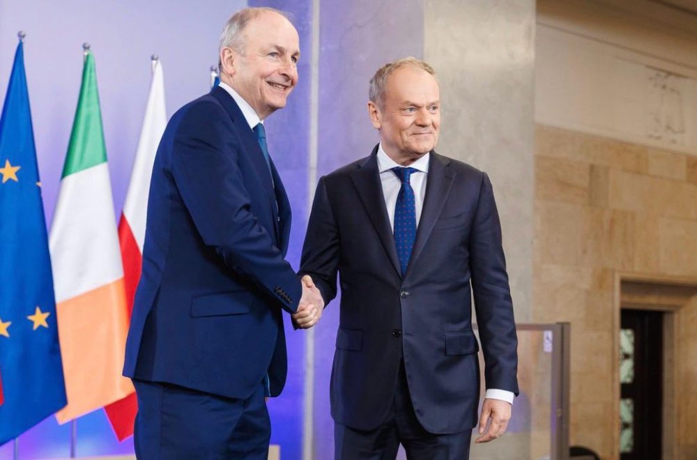 Taoiseach Micheál Martin shakes hands with Poland's Prime Minister Donald Tusk
