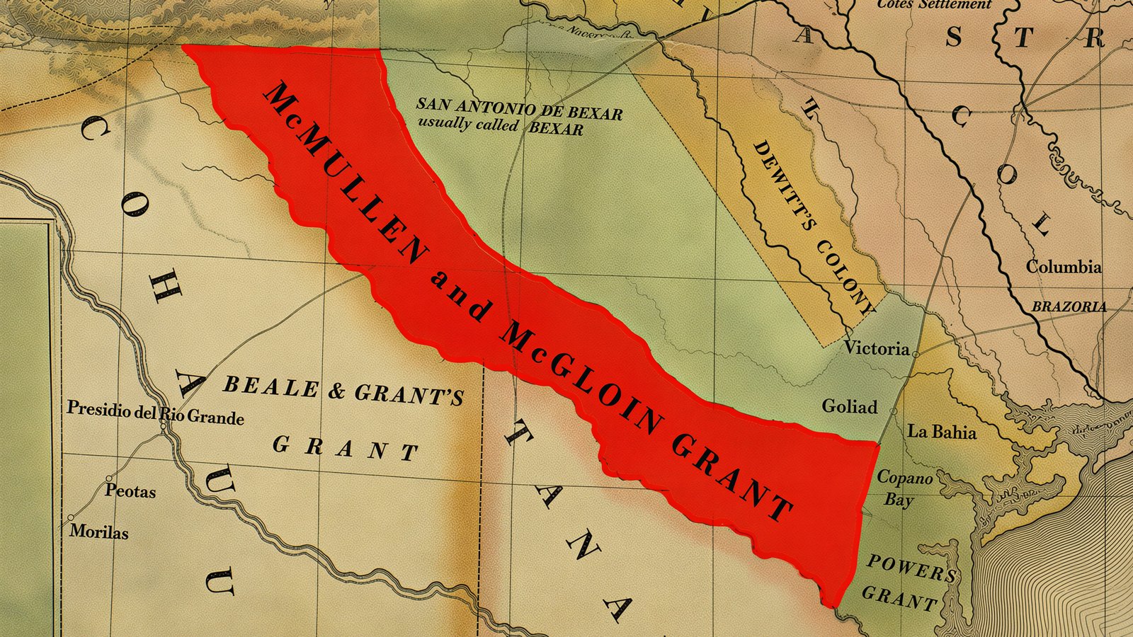 Nineteenth century map zoomed in on the boarder of Texas and Mexico