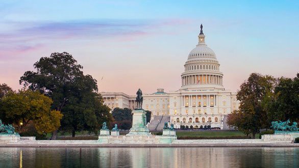 dome building with trees either side on the far side of a lake
