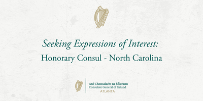 Image with harp and text saying Seeking Expressions of Interest: Honorary Consul - North Carolina