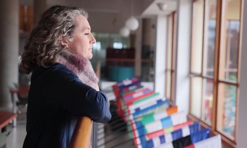 Danielle looking out of panoramic windows with flags for different countries below