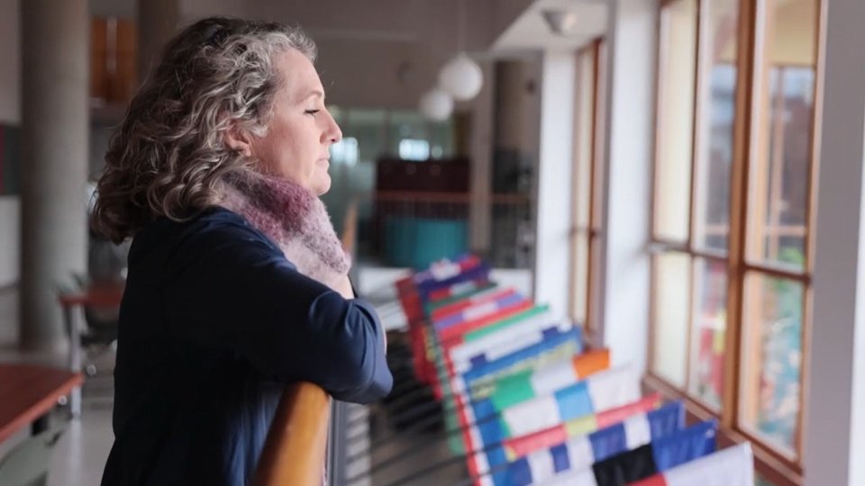 Danielle looking out of panoramic windows with flags for different countries below