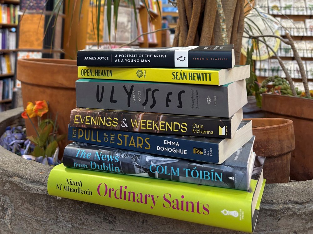 Bookstack of classics by James Joyce and notable queer Irish authors