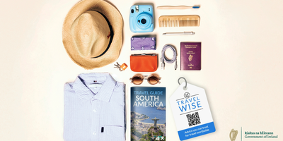 Flatlay of clothes and other objects to be packed for a trip