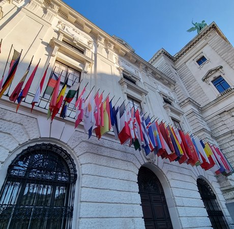 Member flags outside the OSCE headquarters.