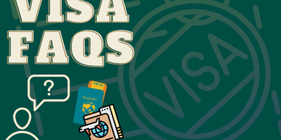 Graphic showing silhouette of a person with a question mark thought bubble, passports and visas. Text reads: visa FAQs.