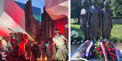 Collage of photos which includes a Monument of the Warsaw Uprising, as well as a monument dedicated to the women of the Uprising