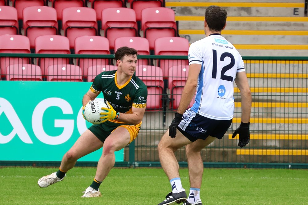 William Cheesman-Dutton of the indigenous Australasia men_s football team playing against Galicia of Spain at the 2023 GAA World Games in Derry