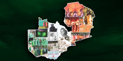 Images of the history of Irish Zambian relations are in a collage in the shape of Zambia