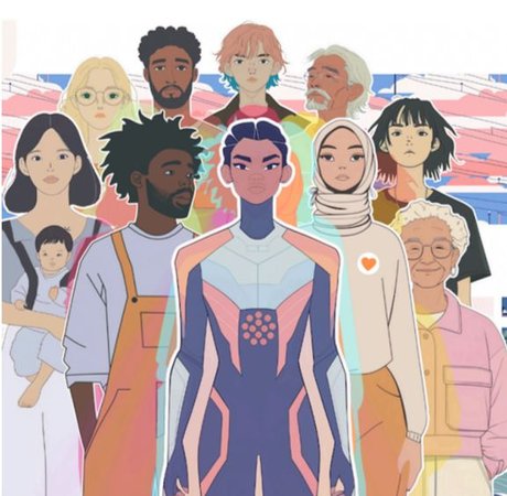 cartoon like images of a group of diverse people in different dress
