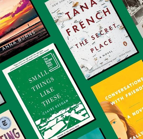 books laid out in a grid, Small things like these, Conversations with friends are two visible covers