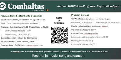 Poster advertising Comhaltas Ceoltóirí Éireann launching their programme for autumn-winter 2026, featuring a QR code to scan for more details.
