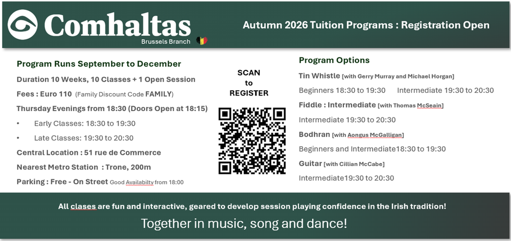Poster advertising Comhaltas Ceoltóirí Éireann launching their programme for autumn-winter 2026, featuring a QR code to scan for more details.