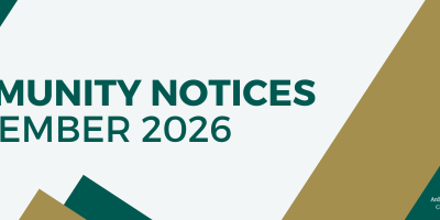 Digital banner that says community notices on green background with gold writing