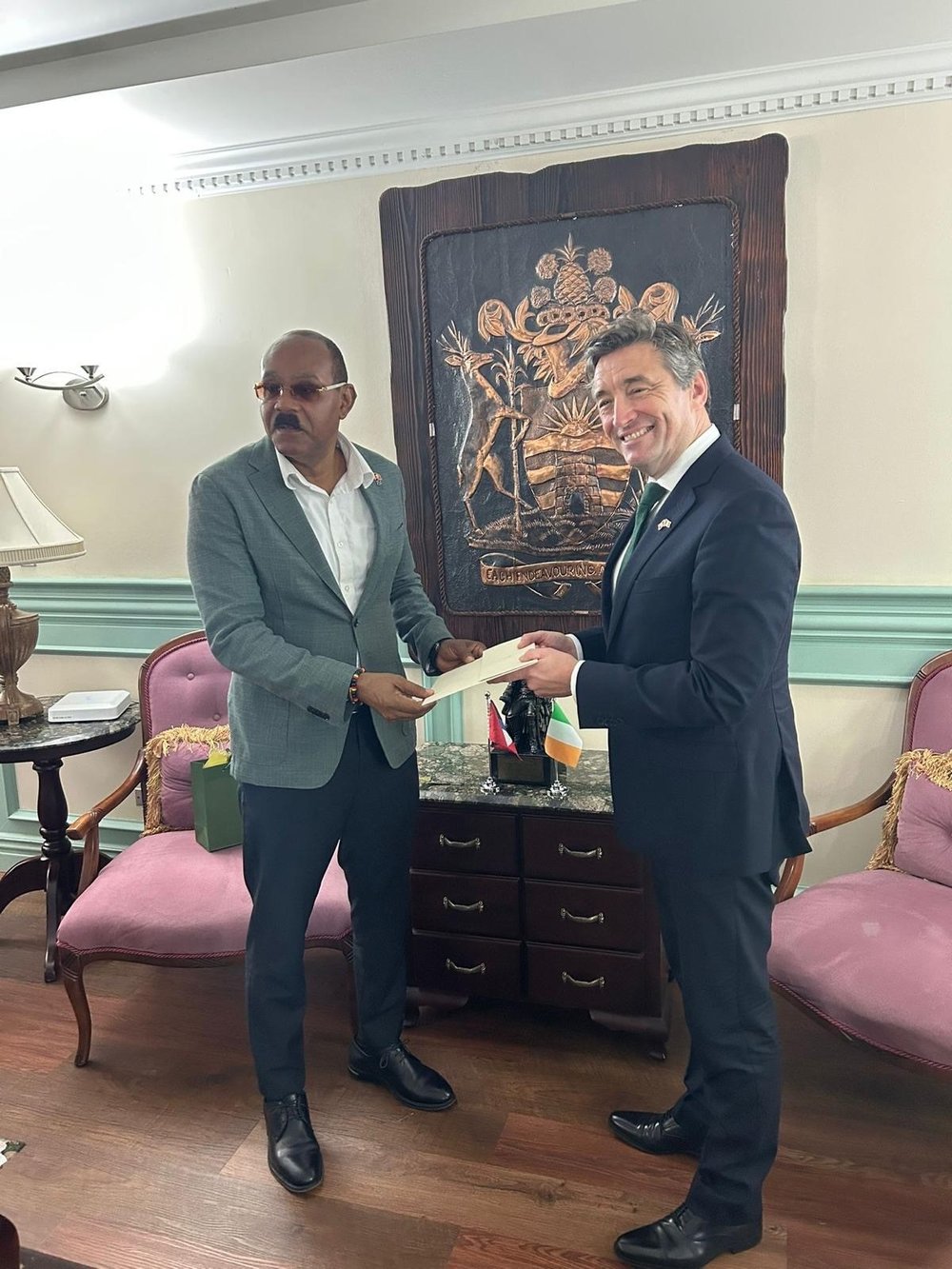 Ambassador Concannon presenting credentials to Honourable Gaston Browne, Prime Minister of Antigua and Barbuda