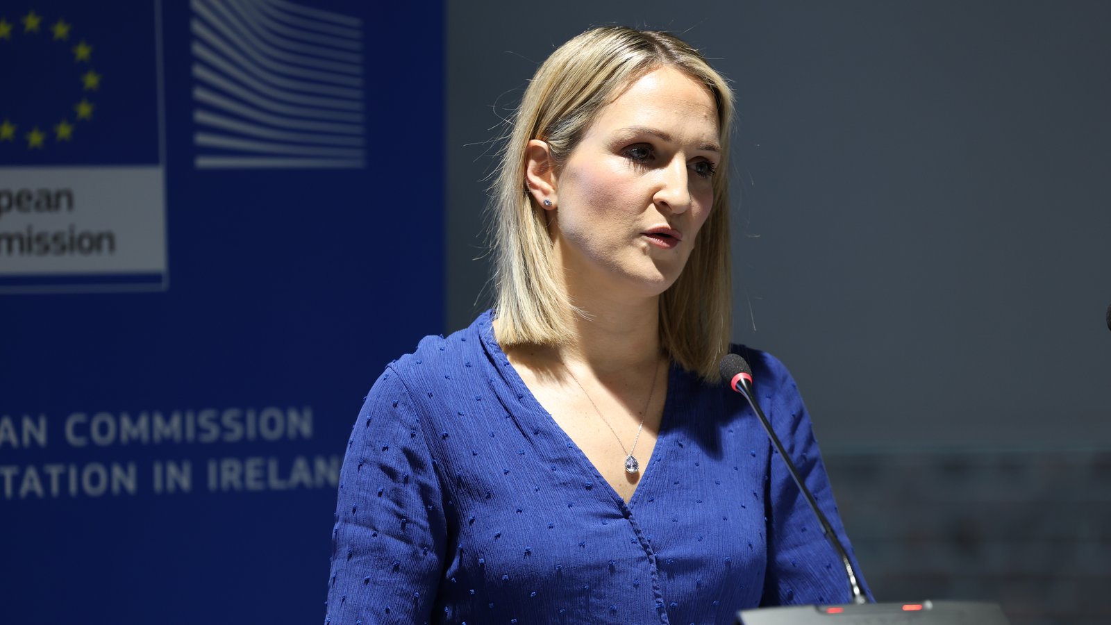Minister for Foreign Affairs, Helen McEntee giving a key-note speech about the Irish presidency in Europe House. January 2025.