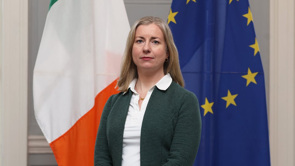 Woman standing in front of Irish and European flags