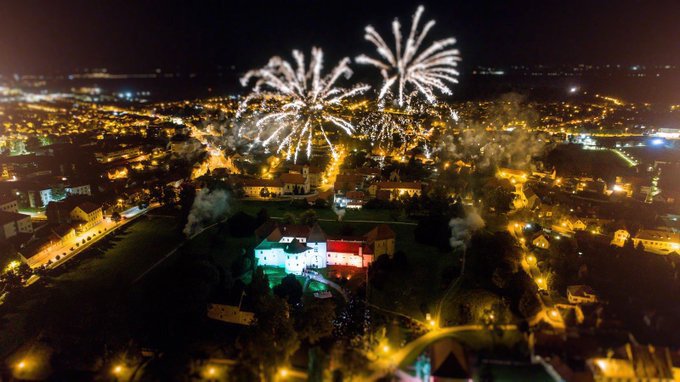 Fireworks over an aerial view of Zagreb