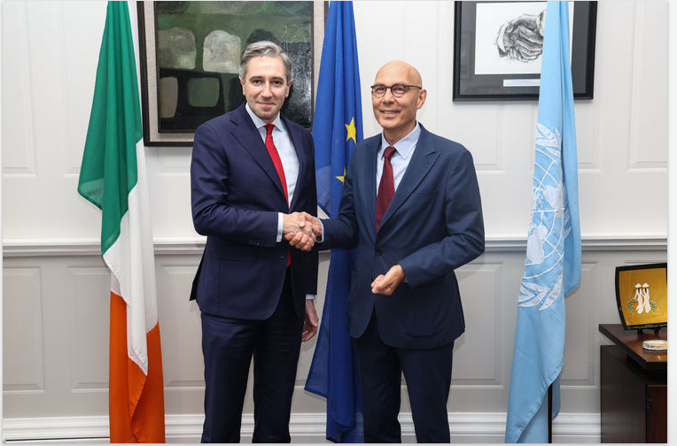 Tánaiste Simon Harris meeting Volker Türk, United Nations High Commissioner for Human Rights, on his visit to Ireland in September 2025.