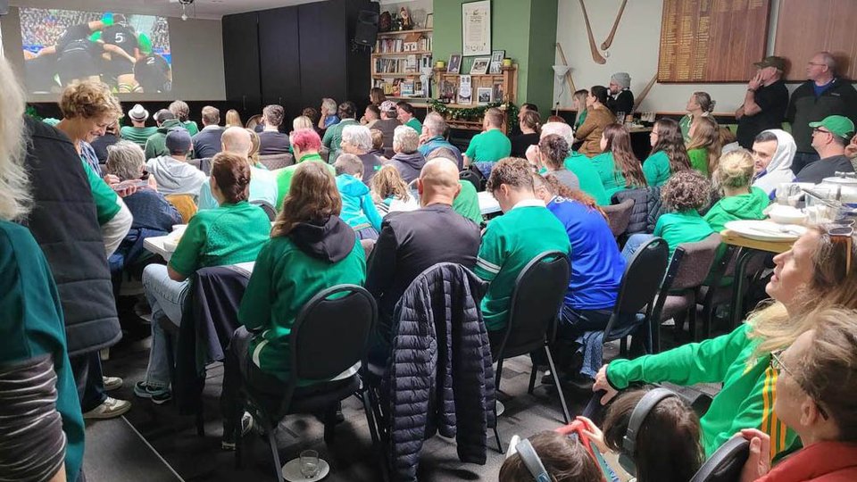 crowd seated at an event wearing Ireland green jerseys