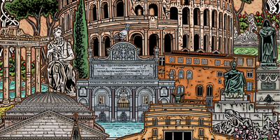 Illustration of Rome highlighting iconic landmarks like the colosseum and the Parthenon