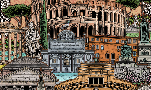 Illustration of key sights in Rome including the Colosseum, the Pantheon and the Spanish Steps.