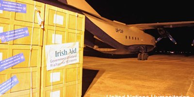 An aid crate waiting to be boarded onto an airplane.