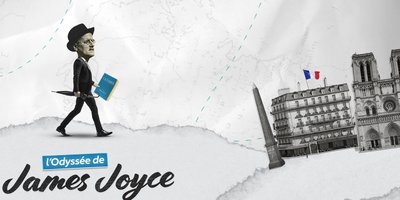 cartoon like illustration of james joyce walking passing Parisian landmarks