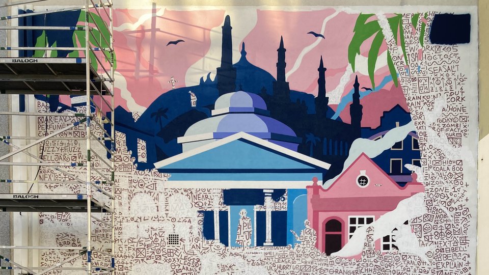 mural half half finished with colourful dome like rooves