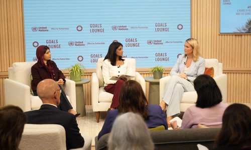Minister Helen McEntee (R) speaking alongside Malala Yousafzai (L) and Sumi Somaskanda (C) at the UN General Assembly meeting “Women and Girls in Afghanistan: Five years of resistance, solidarity and the search for accountability”.