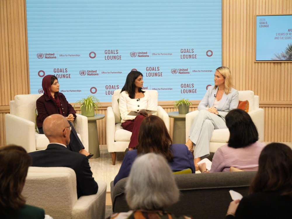 Minister Helen McEntee (R) speaking alongside Malala Yousafzai (L) and Sumi Somaskanda (C) at the UN General Assembly meeting “Women and Girls in Afghanistan: Five years of resistance, solidarity and the search for accountability”.